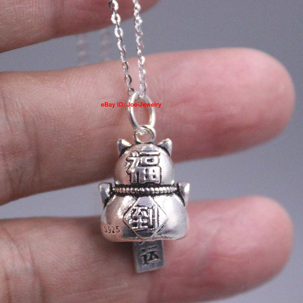 Solid 925 Sterling Silver Pendant Lucky Rich-Cat Pendant 1.10″ H With 年年有余 Charm