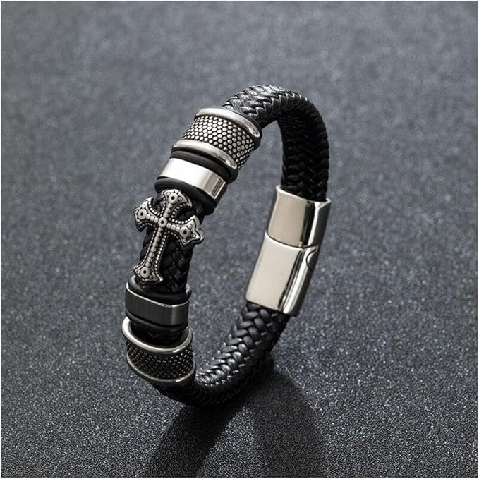 Men’s Cross Leather Bracelet Braided Christian Bangle Stainless Steel Jewelry