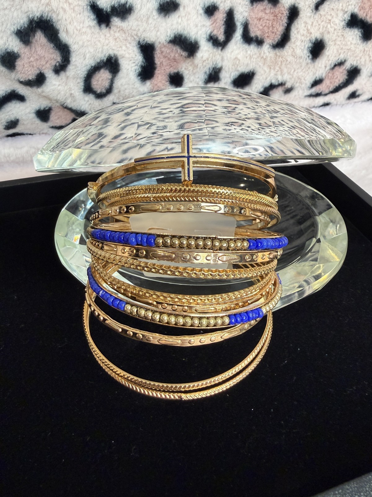 Gold Tone Bangle Bracelet Set Boho Stacked Bangles Blue Beads Cross Charm