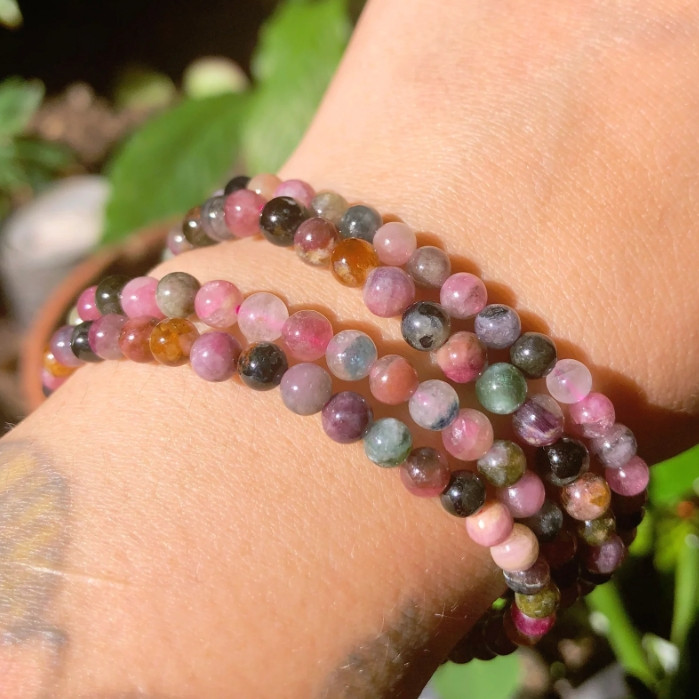 Rainbow Tourmaline Crystal Gemstone Stretch Dainty Bracelet Minimalist 4mm Beads