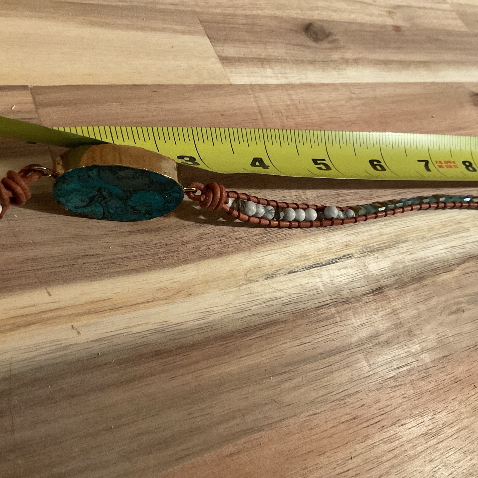 Blue Turquoise Color Stone Gold Edges Leather Beaded Necklace 17 Inches Long