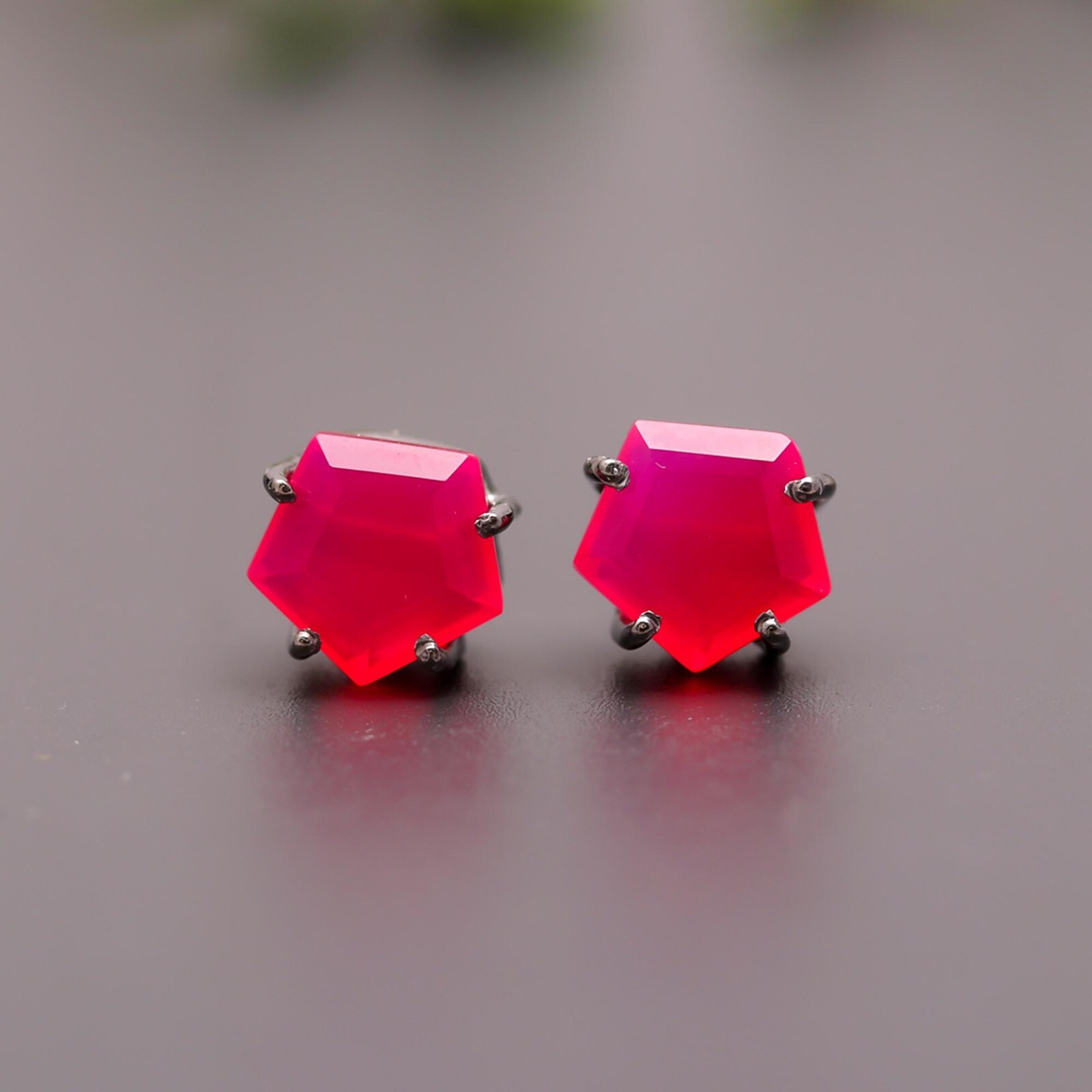 Pink Chalcedony Pentagon Solid Silver Black Oxidized Stud Earrings Birthday Gift