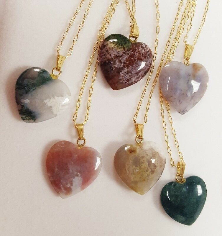 12 ASSORTED GENUINE GEMSTONE 20mm HEART PENDANT GOLD PLATED CHAIN NECKLACES V243