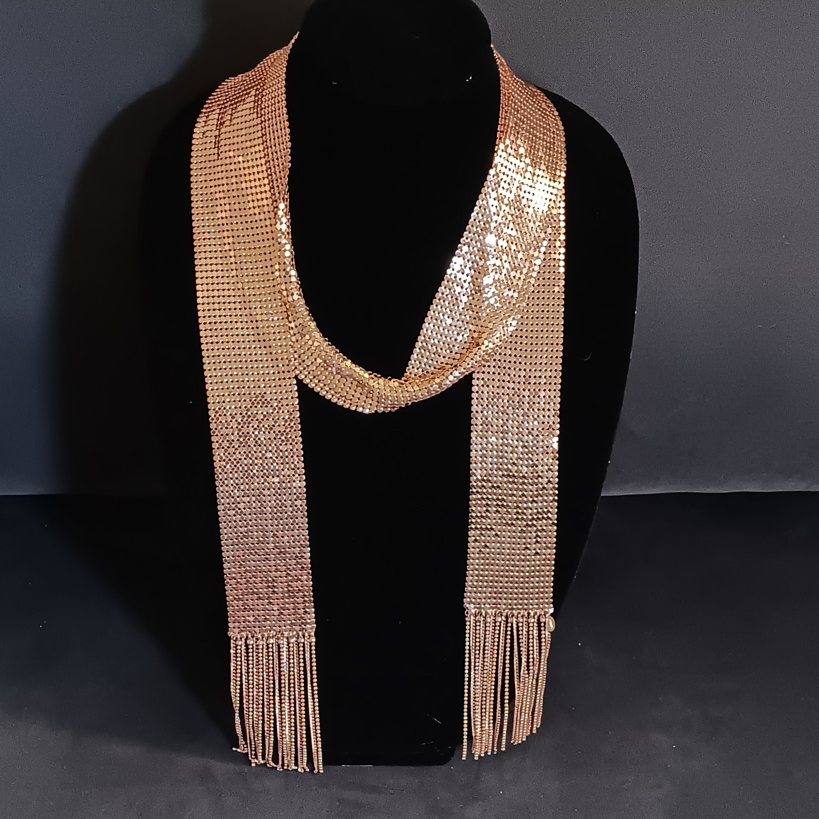 Rose Gold Tone Mesh Fringe Scarf Necklace Statement Bib Wrap Tassel Long