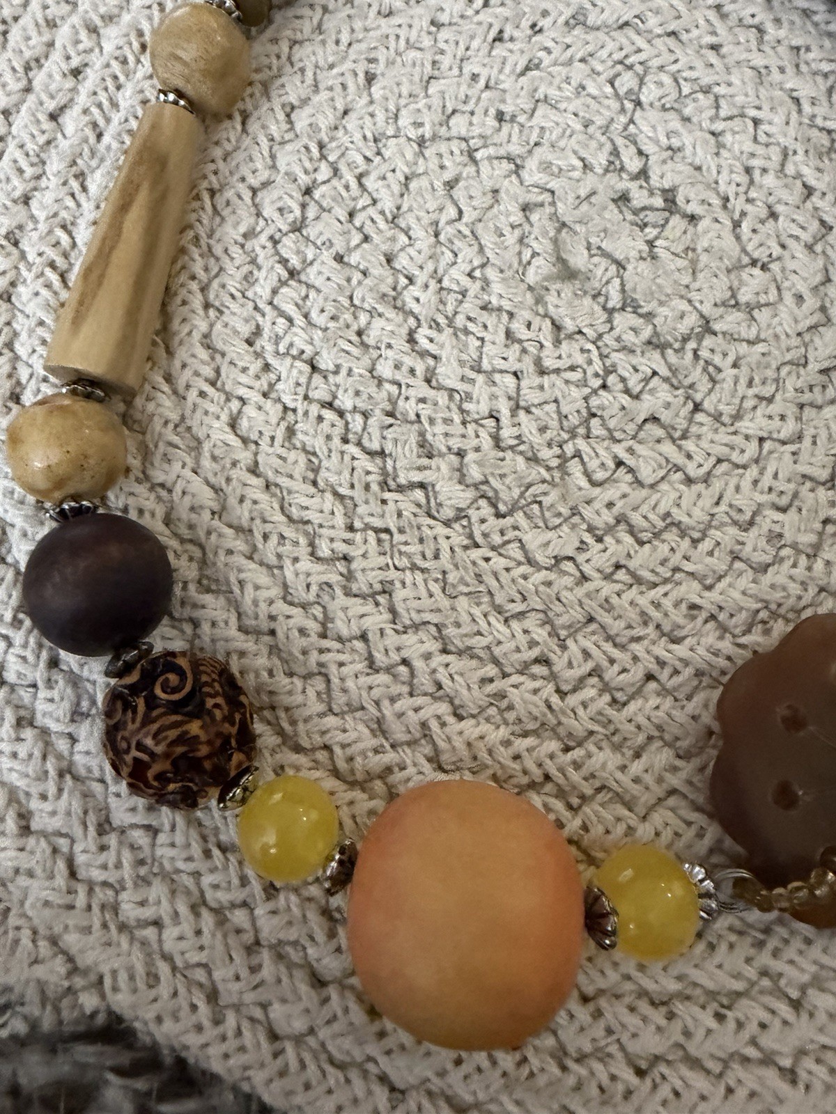 brown yellow wood beaded statement necklace round charm pendant hook 23 in