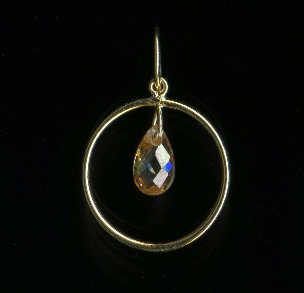 14K 21mm Solid Yellow Gold Pear Orange Crystal CZ Hoop Circle Ring Pendant (UQ