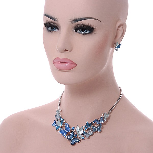 Romantic Blue Glass, Enamel, Crystal Butterfly Cluster Necklace and Stud