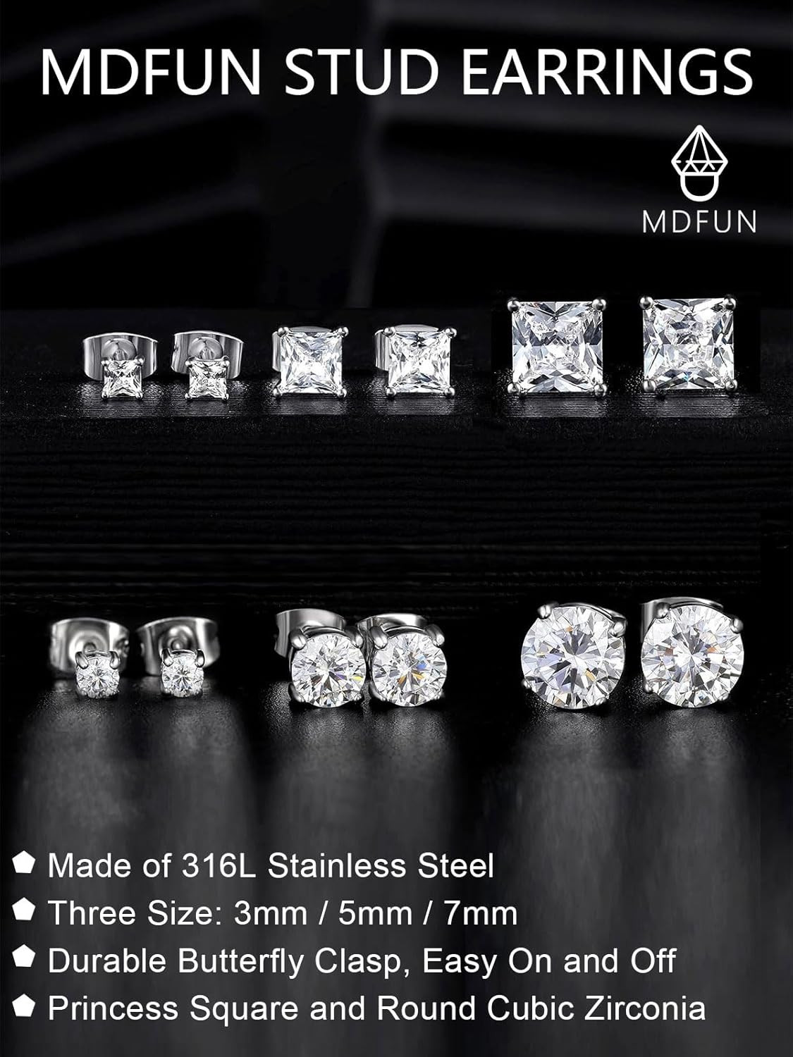 MDFUN 6 Pairs Stud Earrings Set 3Mm/5Mm/7Mm Princess & round Cubic Zirconia Earr