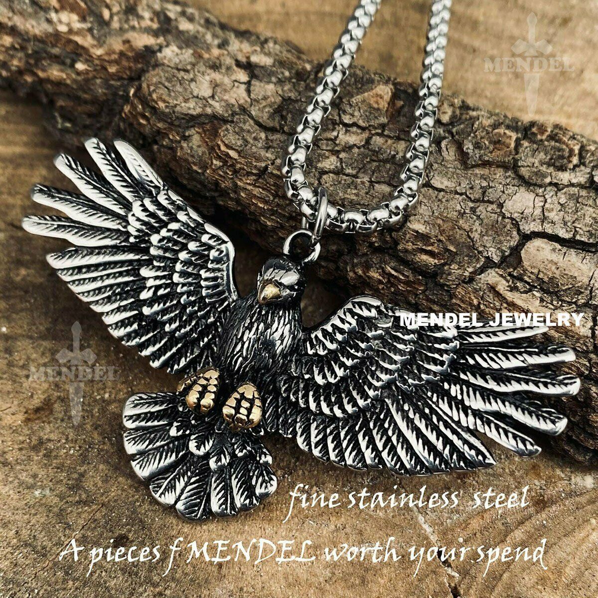 MENDEL Mens Stainless Steel Biker Bald American Eagle Chain Necklace Pendant Men