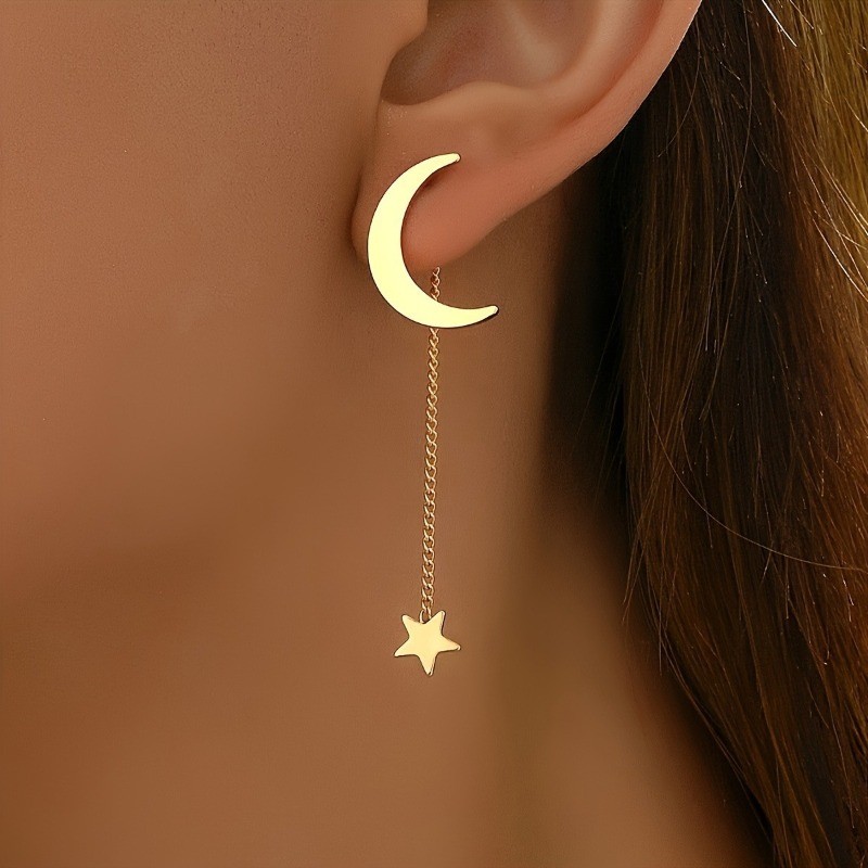 Women’s Fashion Golden Moon Ear Studs Tassel Star Pendant Earrings Copper