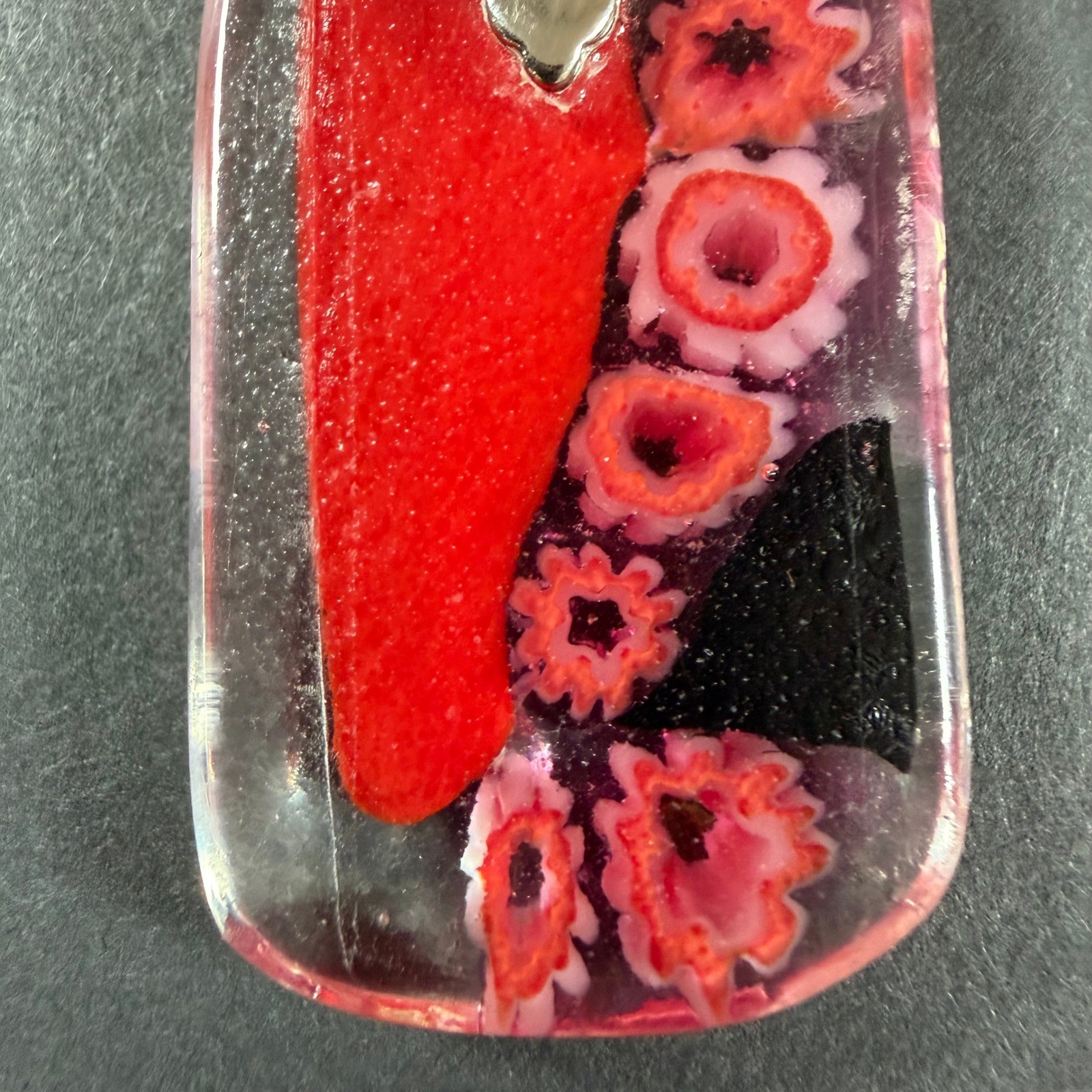 Millefiori Dichroic Glass Pendant Red Black Floral Artistic No Chain
