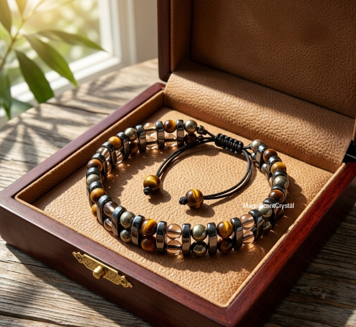 Multi Crystal Protection Bracelet Hematite Tiger Eye Smoky Quartz Pyrite Stone