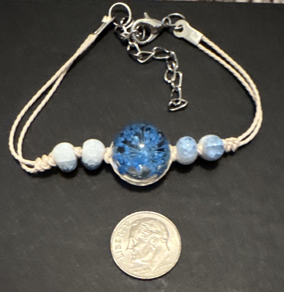 Adjustable Blue Flower & Blue/White crackle bead Charm Bracelet , Lobster clasp