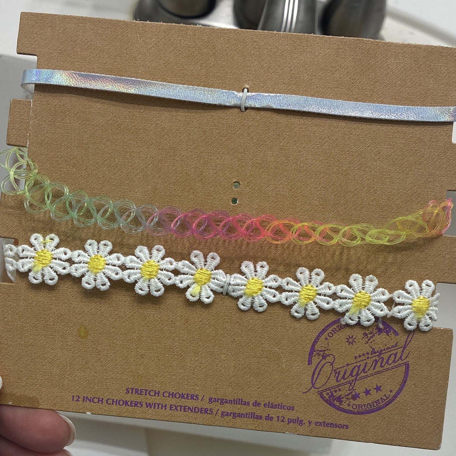 Lot of 3 12in Stretch Choker Necklaces Lace & Plastic Multicolor Daisy