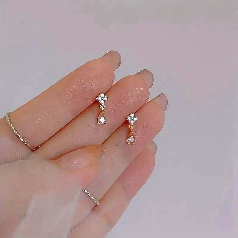 Fashion Boho 14K Gold Plated Shiny Rhinestones Teardrop Pendant Earrings Women