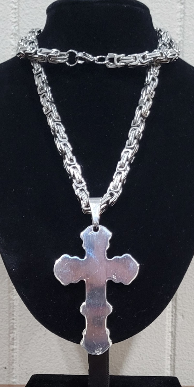 Large Polished Stainless Steel Cross On Byzantine Box Chain Costume Jewelry