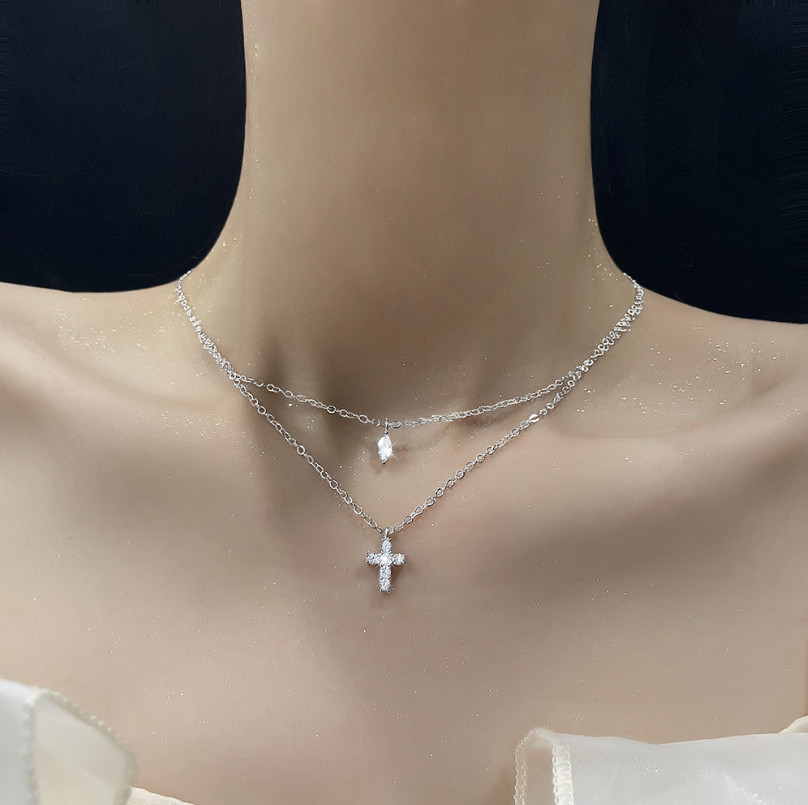 Silver Plated Double layers CZ cross pendant choker necklace 16-18″ K59