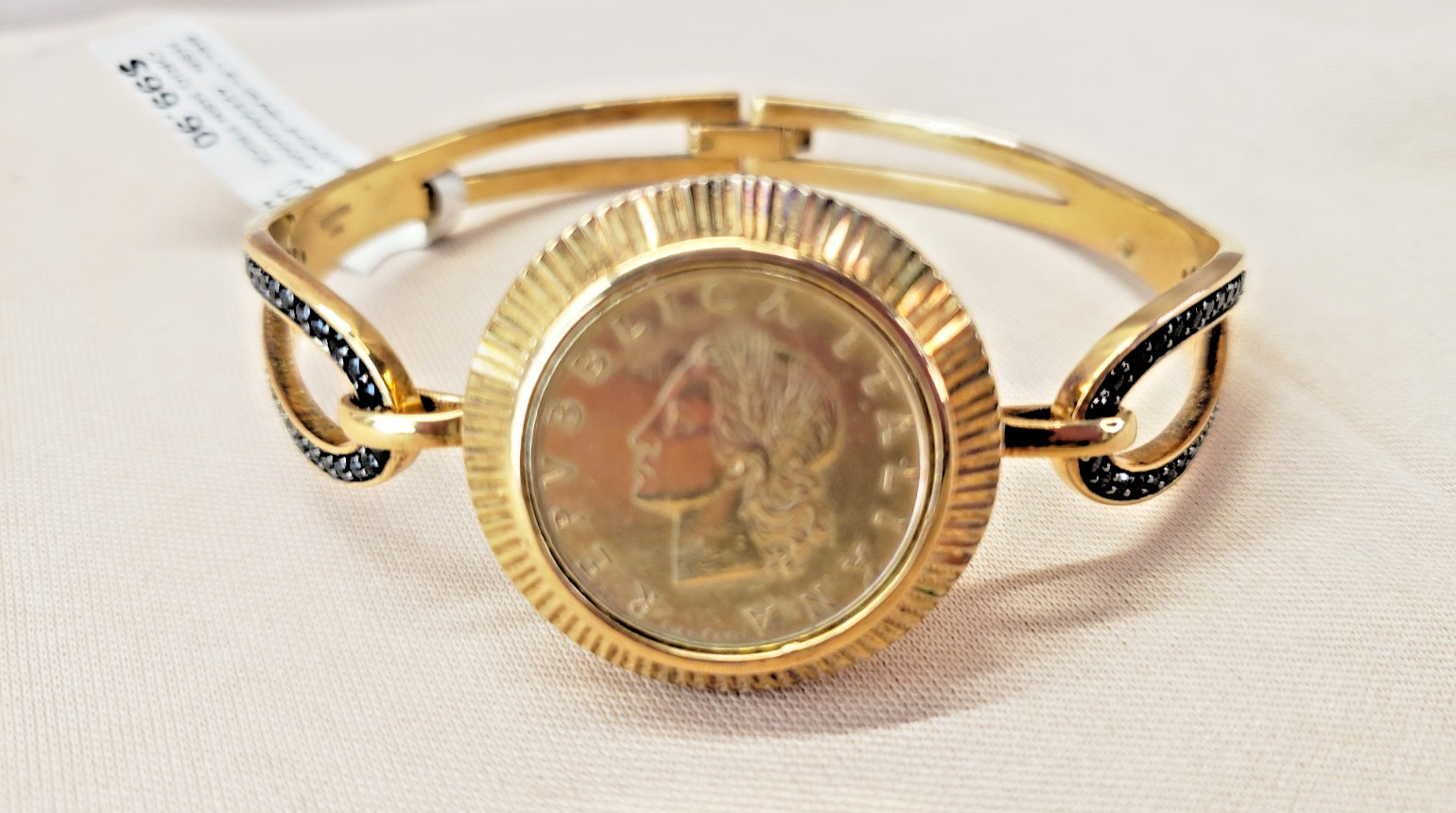 Bellezza Italy Coin Bangle Bracelet Bronze with Black CZ 20 Lira with Tag