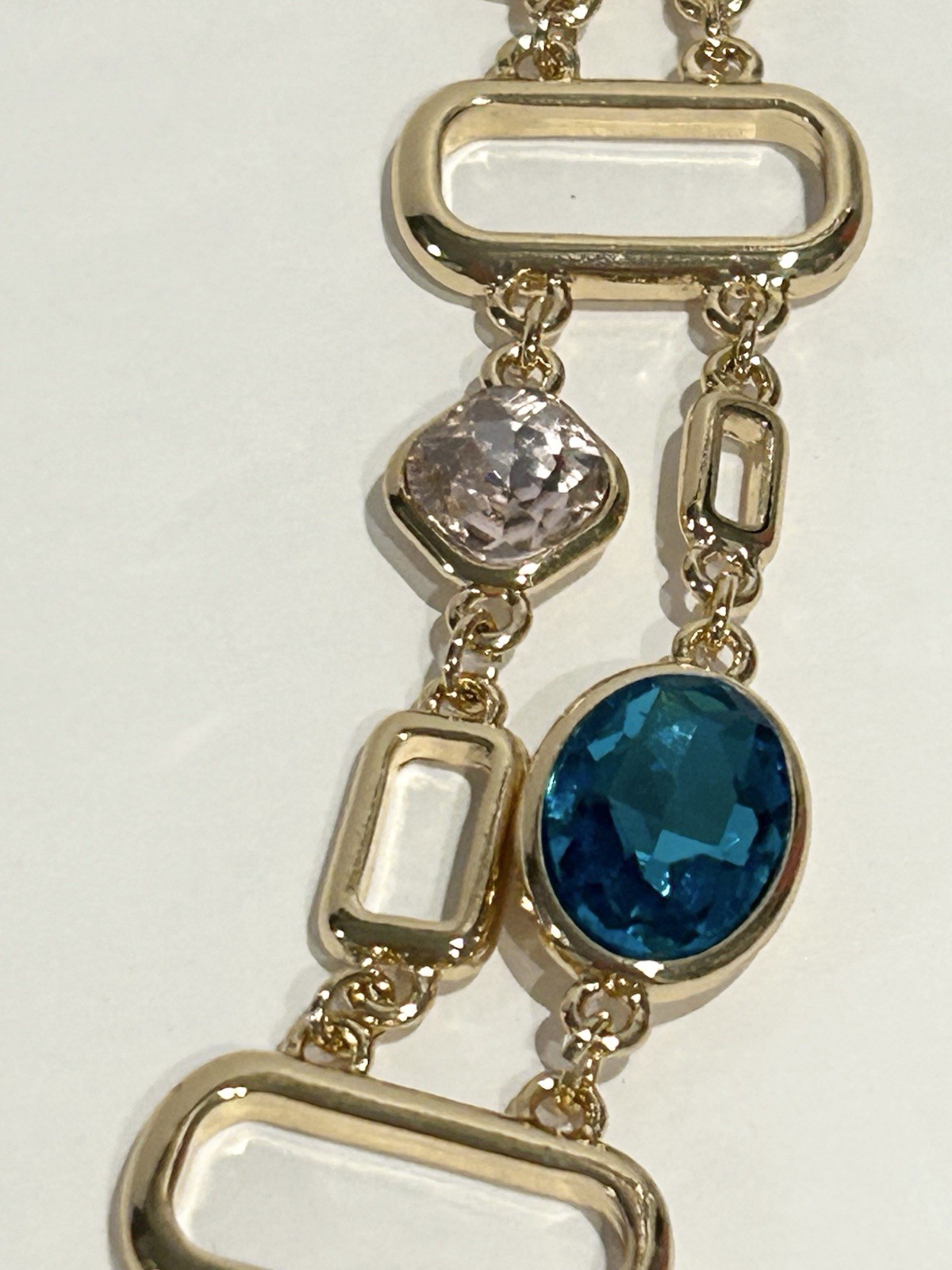 Gold Tone Double Chain Necklace With Man made London Blue Topaz