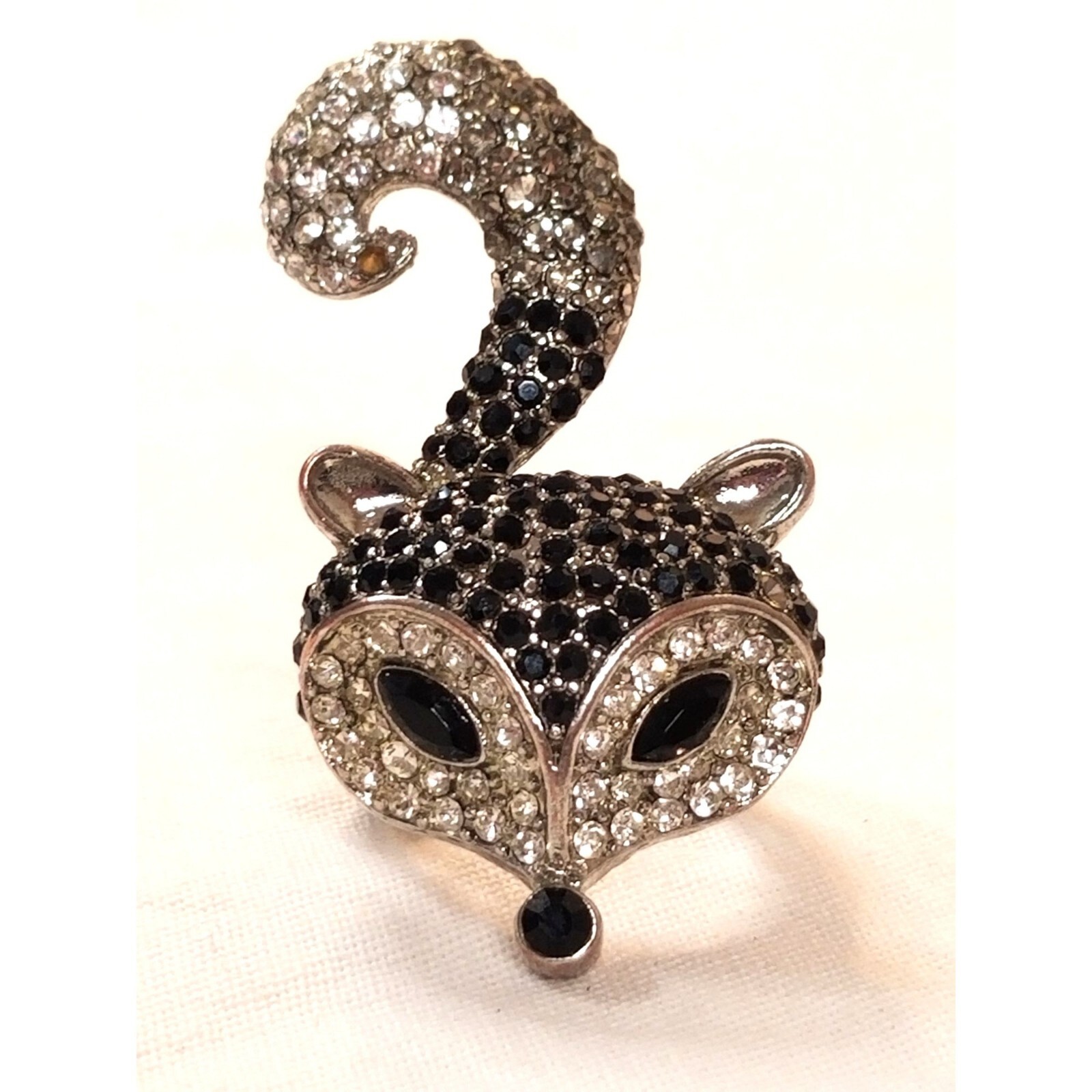 Austrian Crystal Ring Fox Silver Tone Adjustable Band Unknown Mark Statement