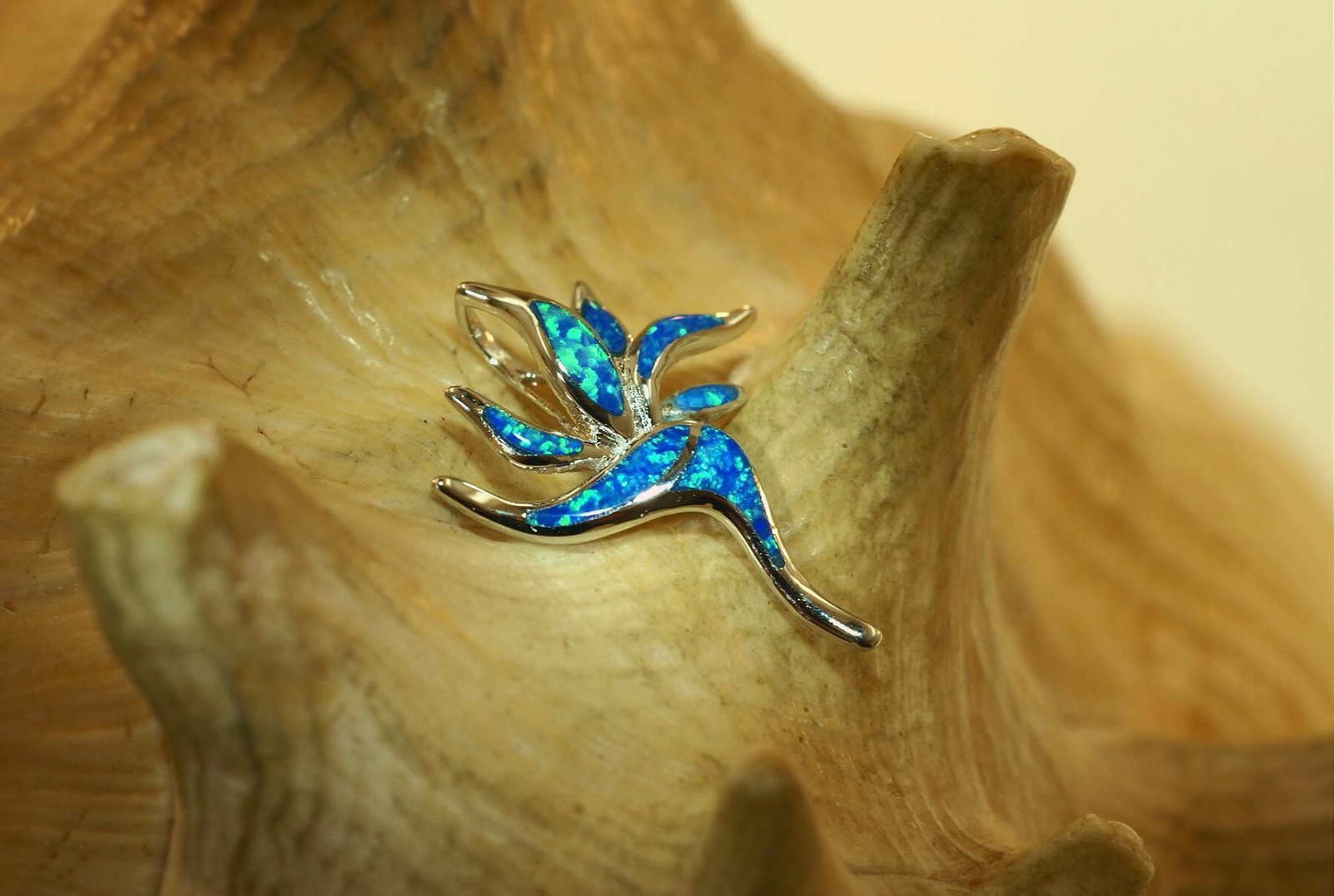21mm Hawaiian Rhodium 925 Silver Inlaid Opal Bird of Paradise Flower Pendant #1
