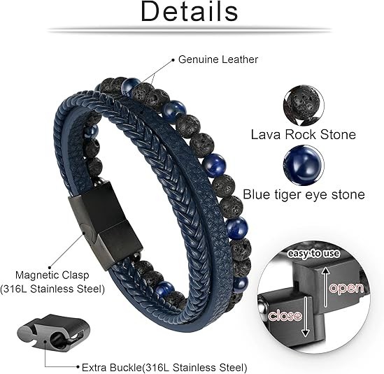Pulseras de cuentas de cuero para hombre, piedra de lava de ojo de tigre natural