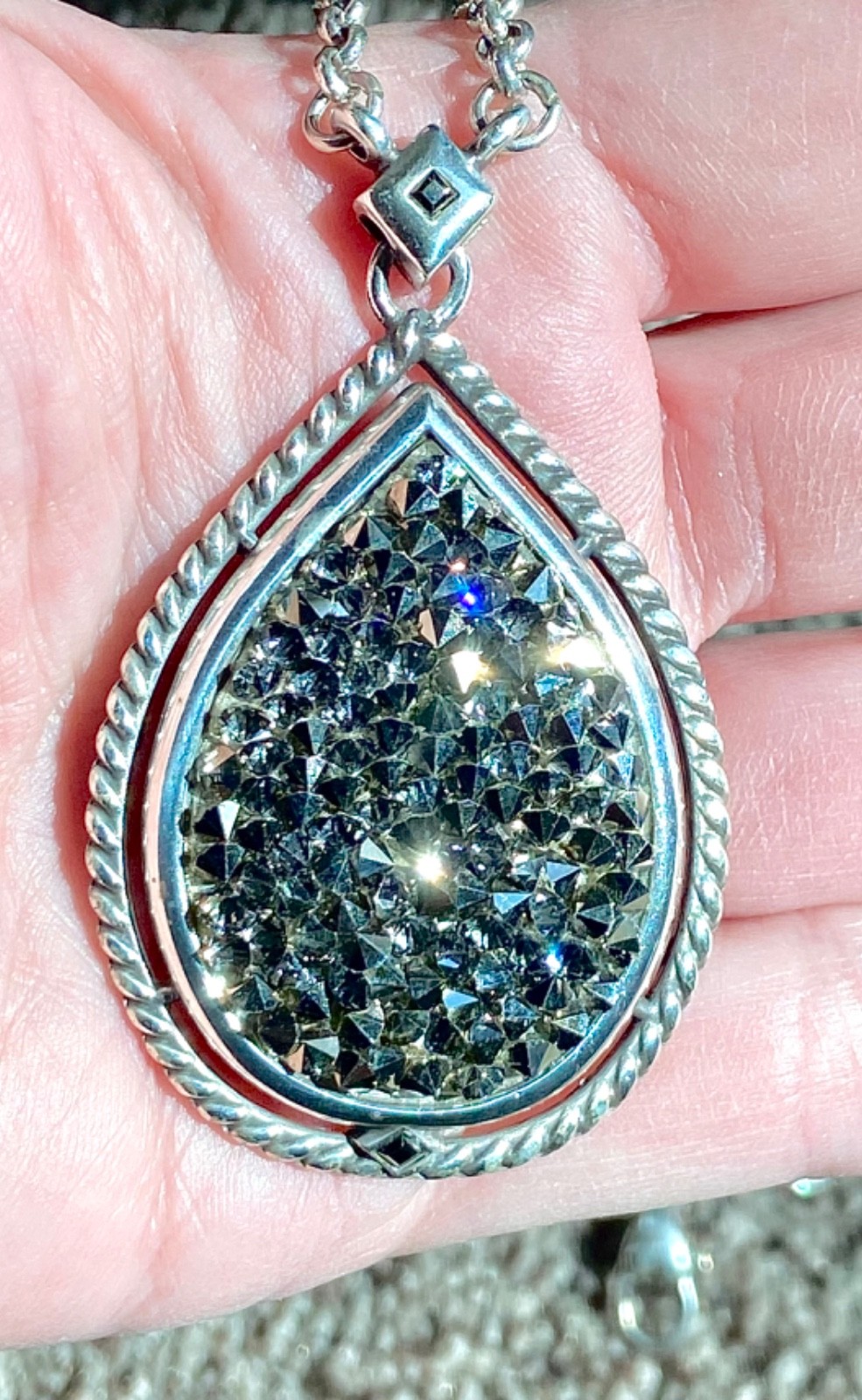 BRIGHTON CRYSTAL ROCKS SILVER DRUSY QUARTZ CRYS SLV TEARDROP MESSG NCKLC VG+✨VTG