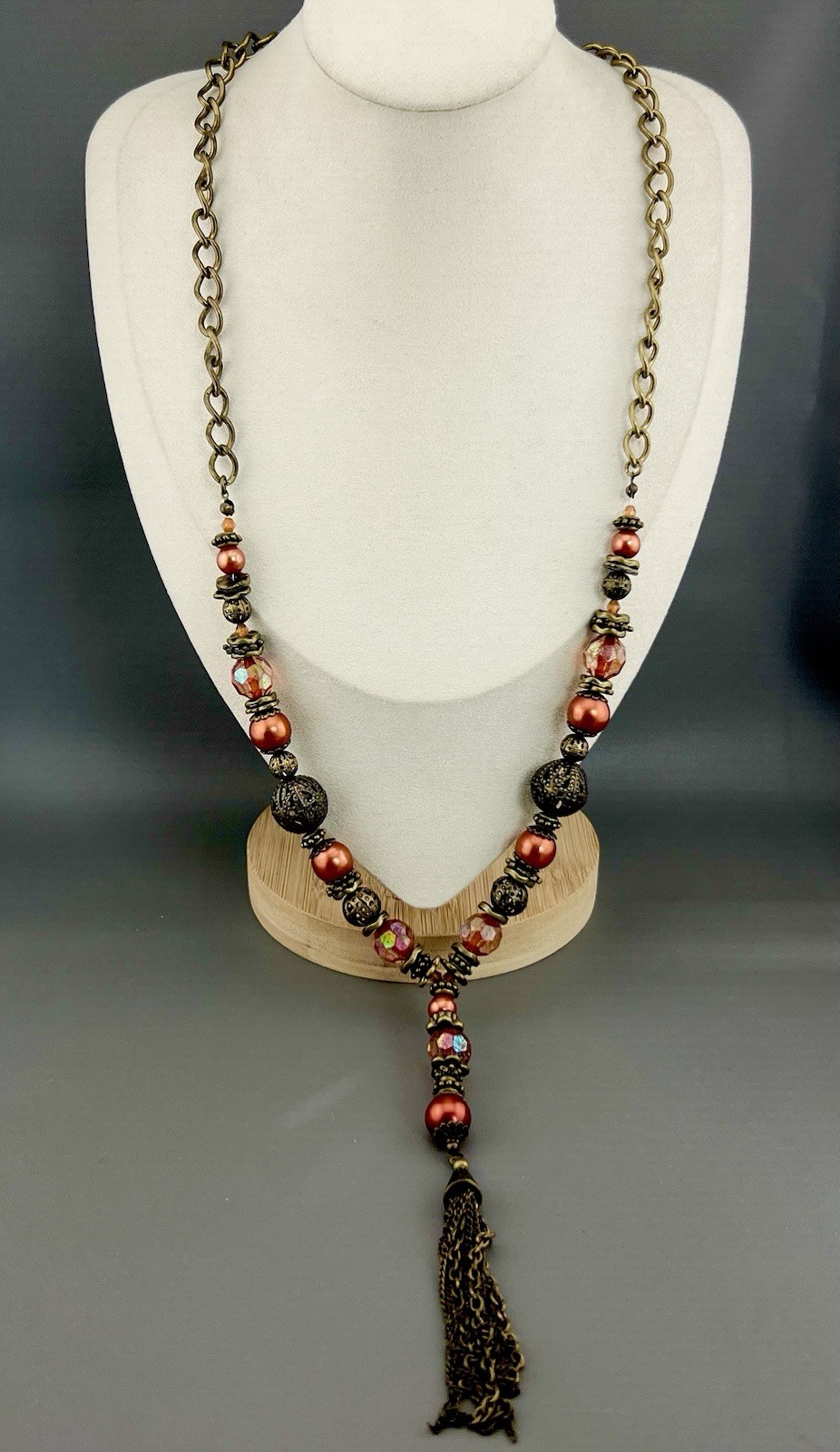 Tassel Y Drop Necklace Bronze Tone Faux Pearl Faceted Filigree Beaded Boho 26”