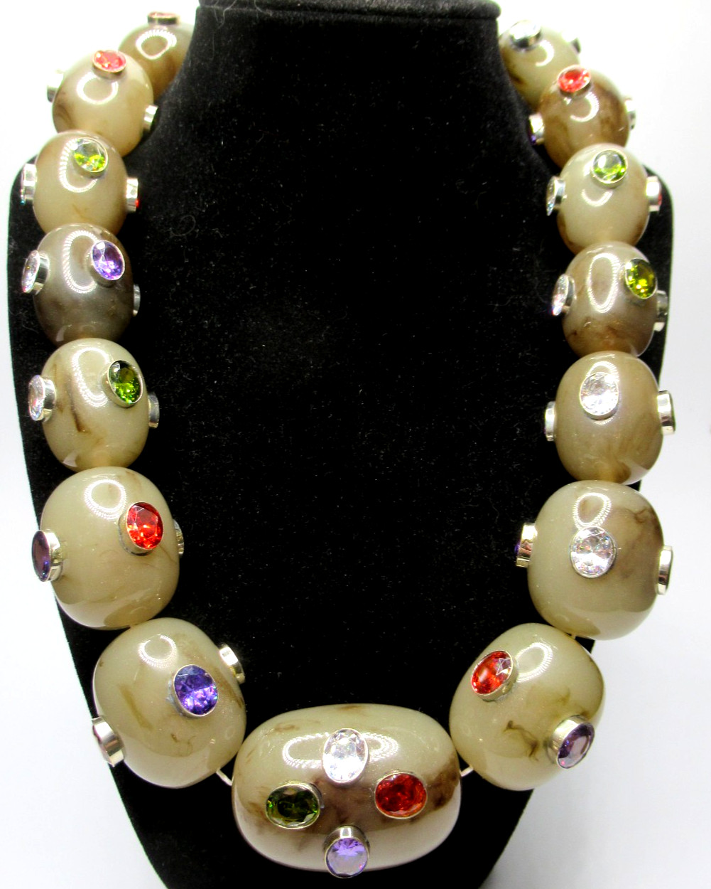 Amazing HUGE Stone Looking Lucite Bead Bezel Set Genuine Gemstone Necklace