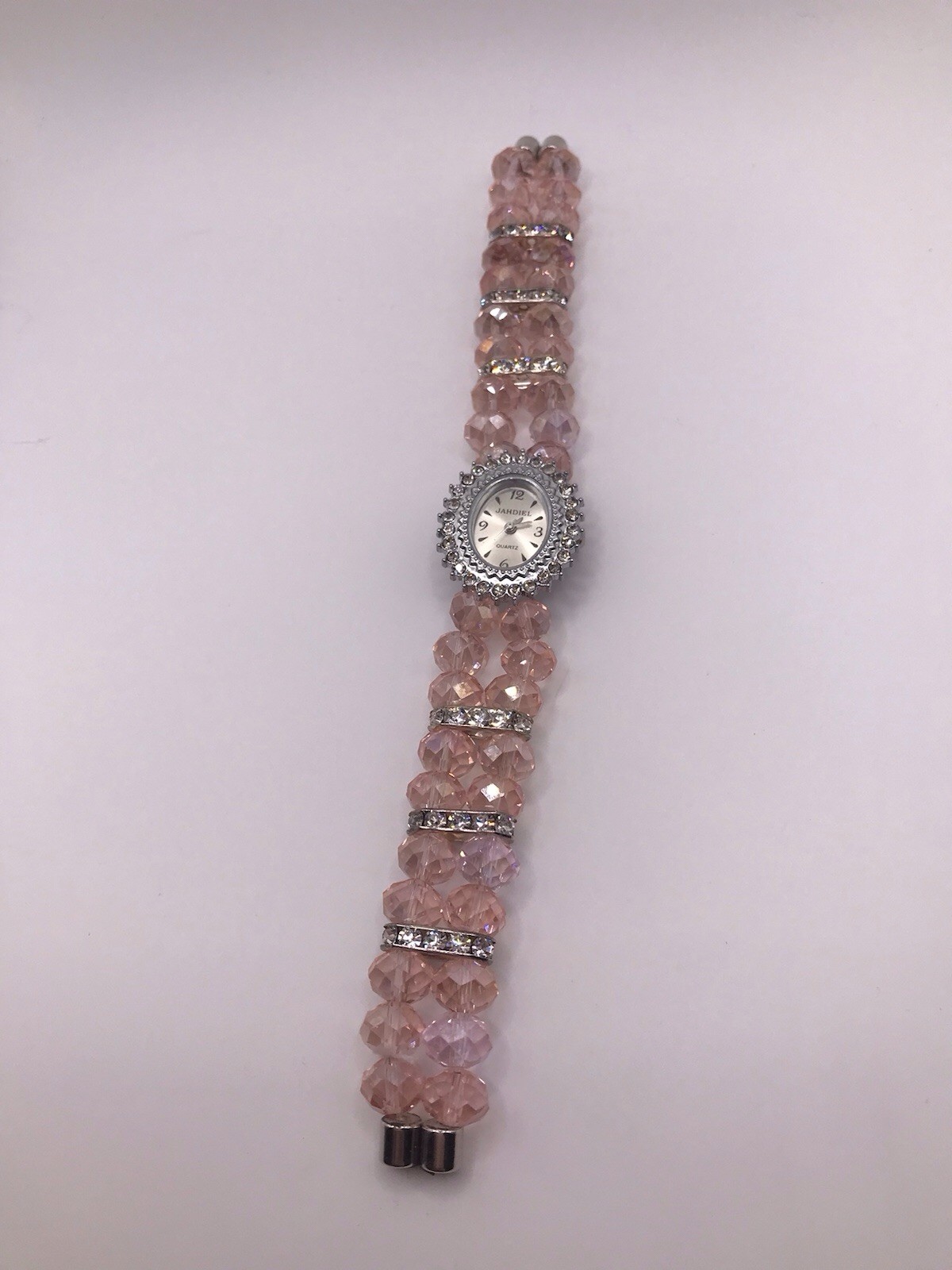 Handmade Pink Glass Faceted Beads Rhinestones Bracelet Watch w Magnet Closure