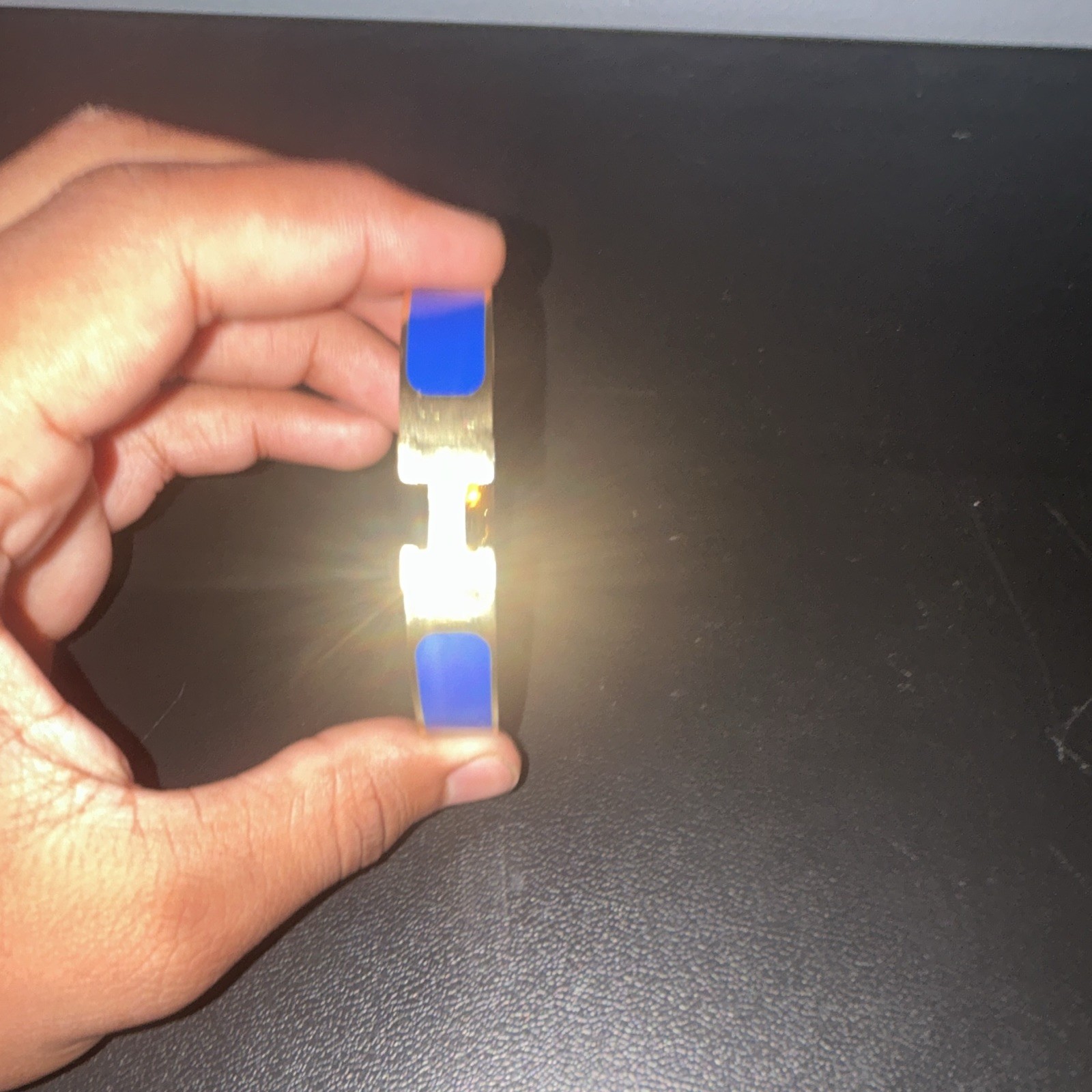 Hermès Gold Tone Blue Enamel Oval Hinged Bangle Cuff Bracelet, No Stone