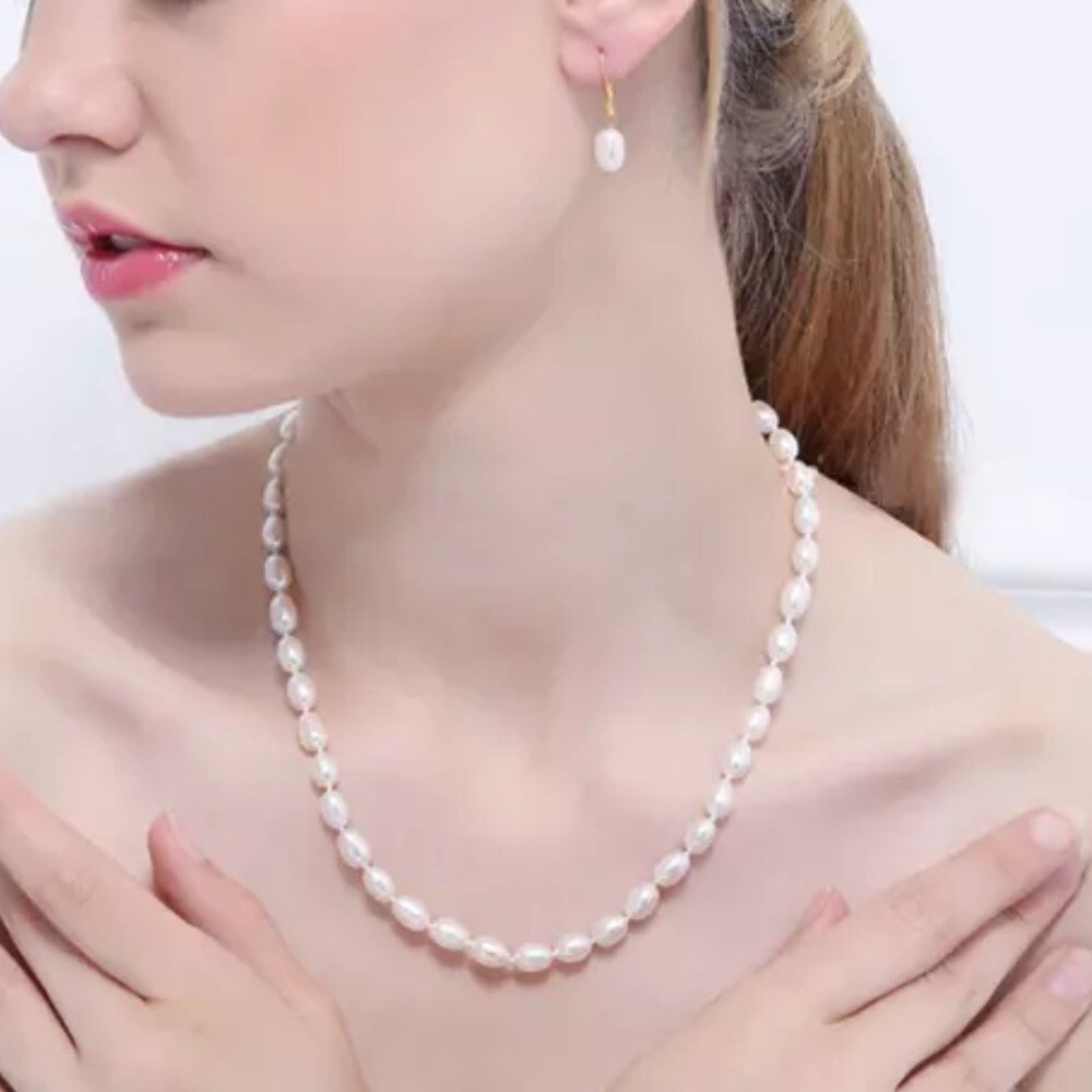 6-7mm Hand Strung Natural Rice Pearl Necklace Earring Set D7