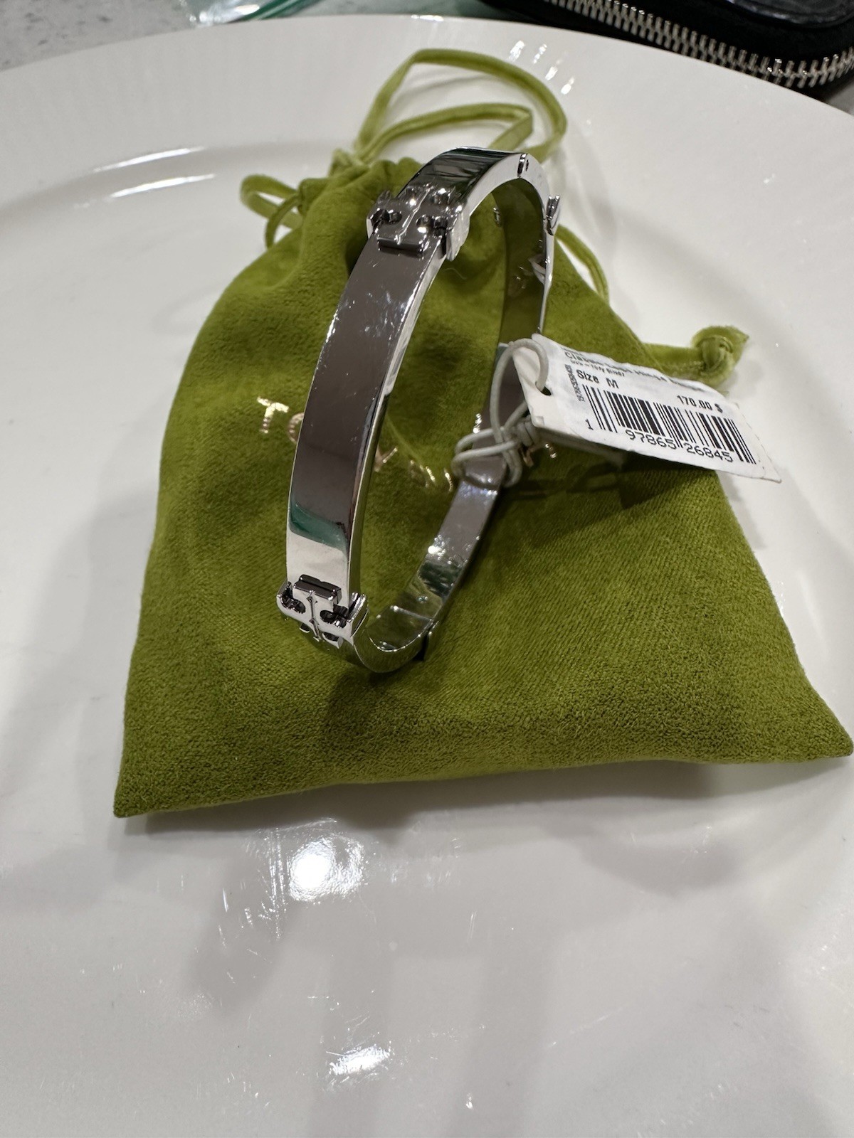 Tory Burch Classic Logo HINGE BANGLE Silver 168864 Size M