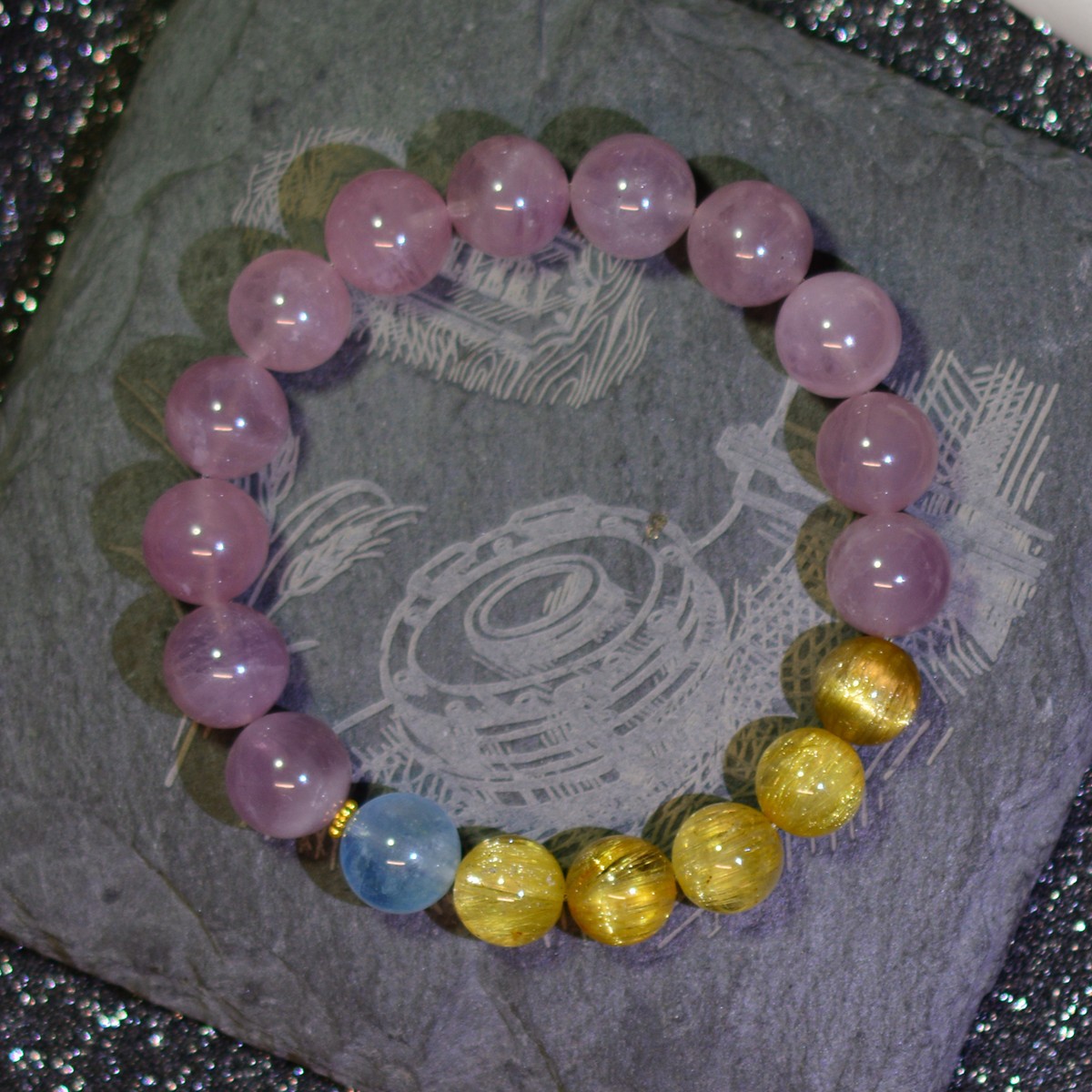 Madagascar Rose Quartz Rutilated Aquamarine Bracelet 18K Gold Gift for Women
