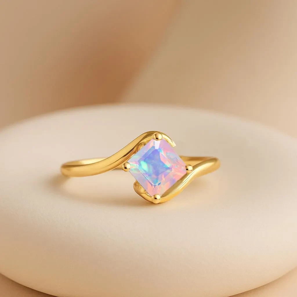 AAA White Fire Opal Gemstone Statement Ring, Genuine Opal Gemstone Gold Ring