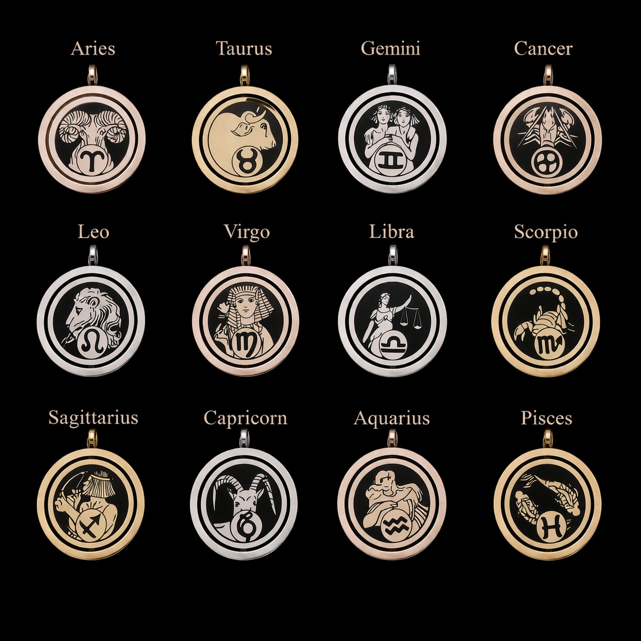 Sweetheart Zodiac pendant/necklace – two sides, with chain, Silver-colored
