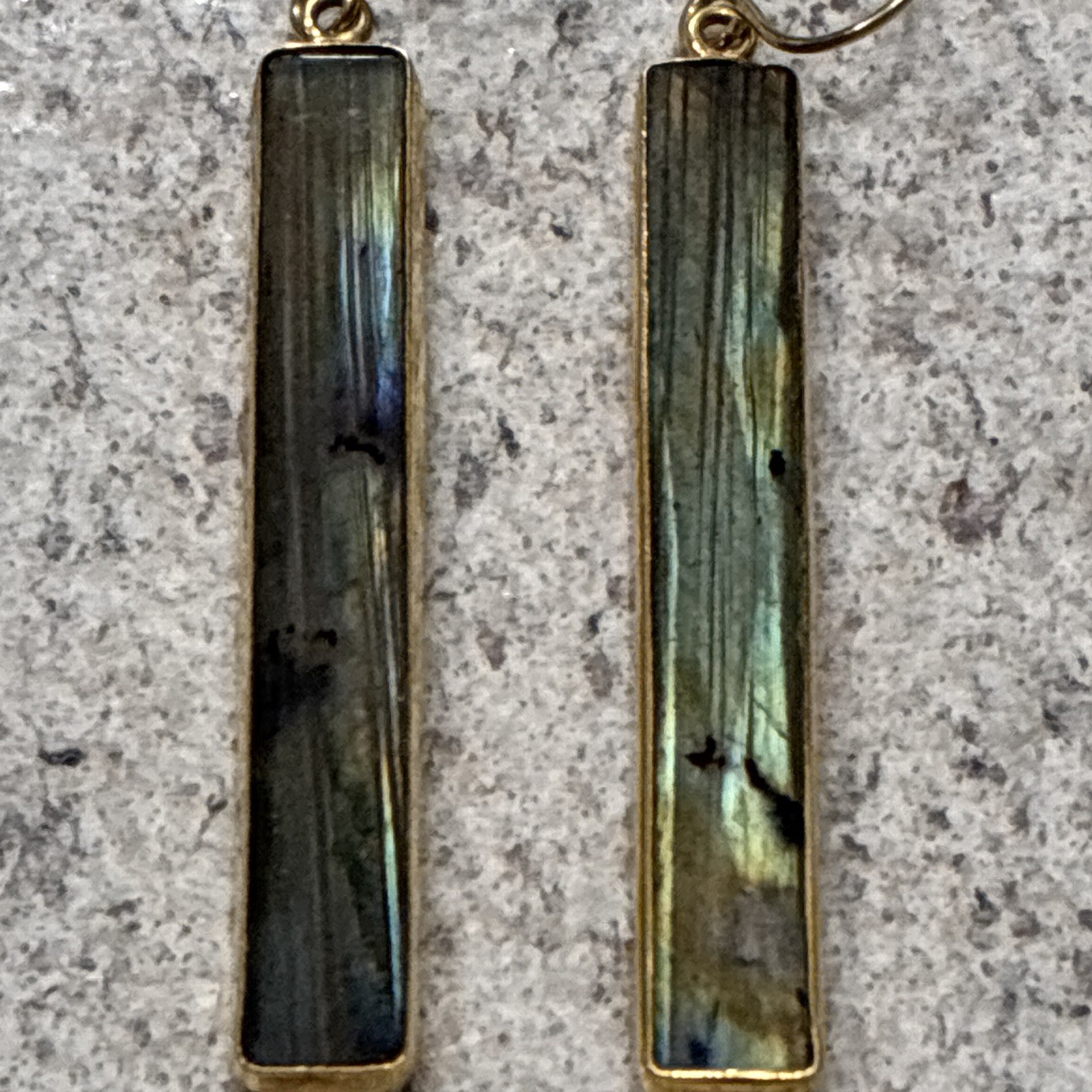 Natural Labradorite Rectangle Bezel Set Dangle Earrings Gold Tone Hook Pair
