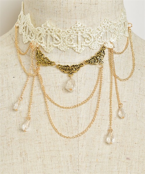 White Lace Mutlit Stone and Chain Bib Style Choker Necklace