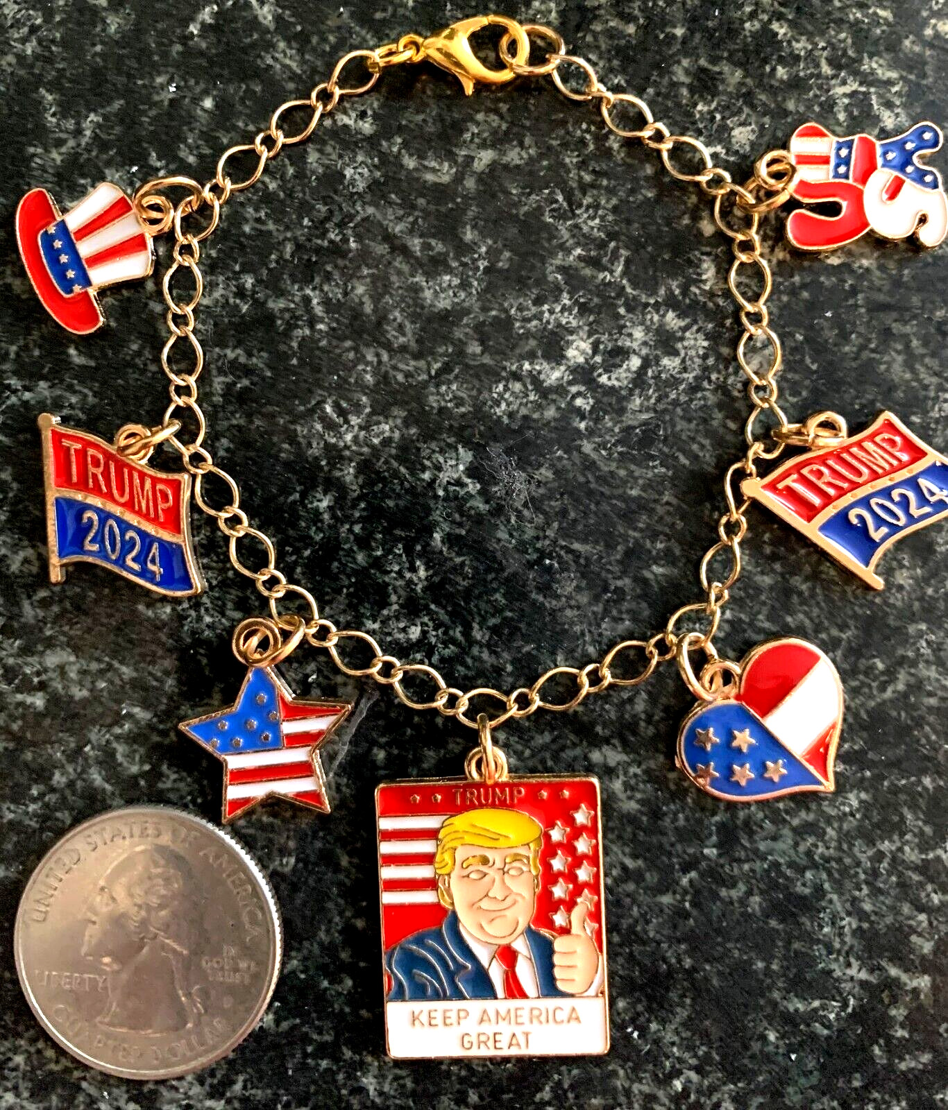 Trump Patriotic 4th July Enamel Goldtone Charm Bracelet 7″