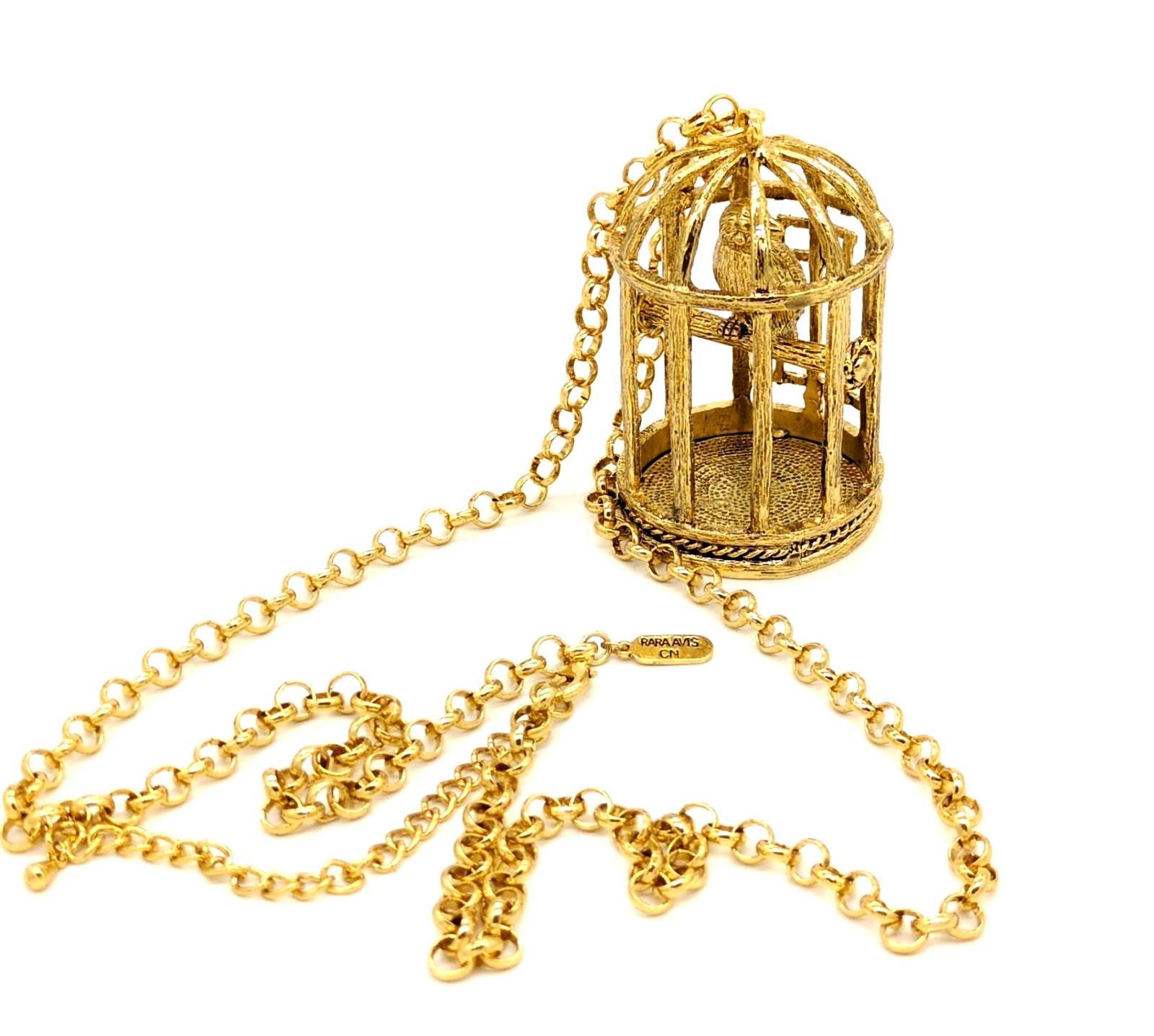 Rara Avis Iris Apfel Birdcage Statement Necklace Gold Tone 36 in Chain Signed