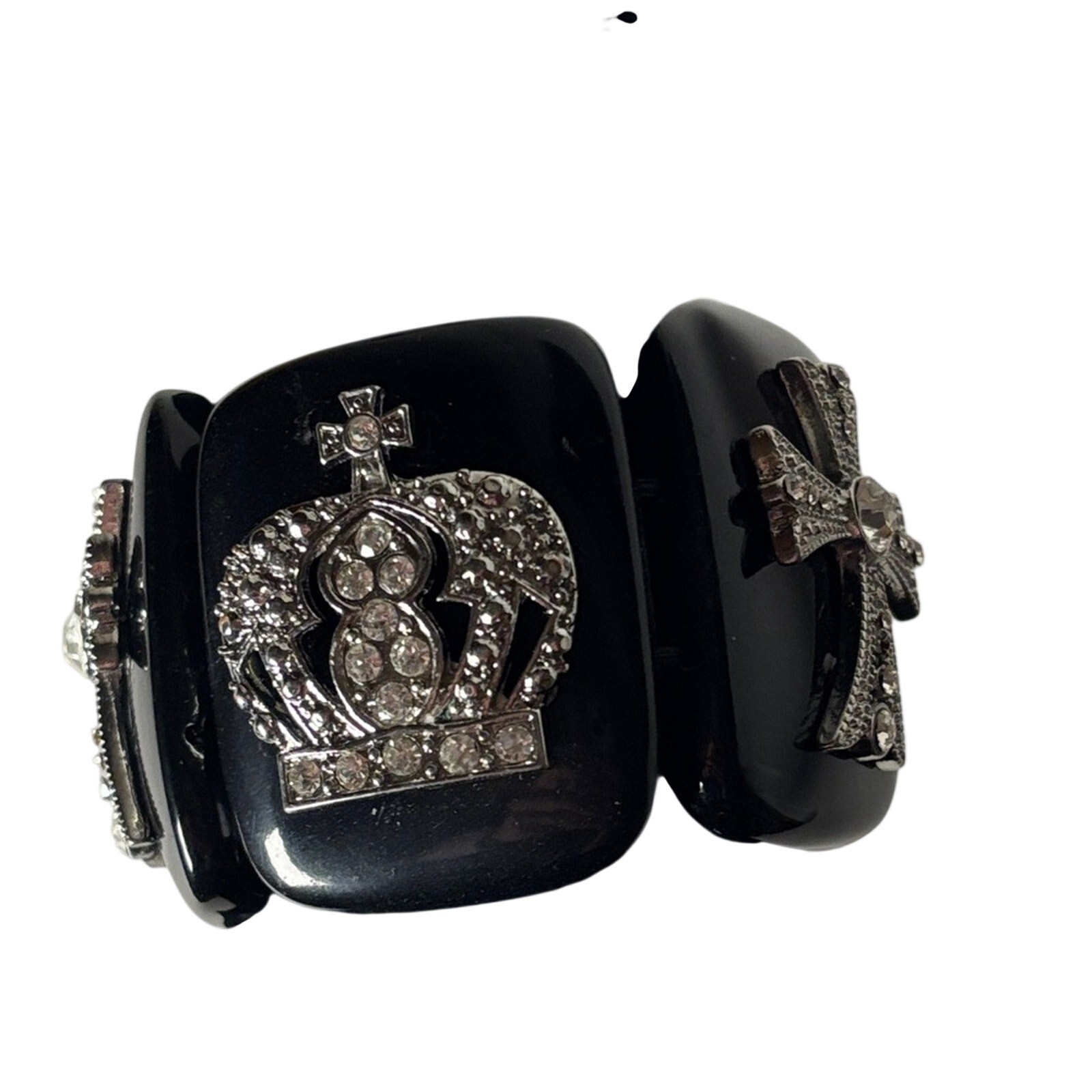 Black Acrylic Bracelet with Silver Cross and Crown Design 2.5”