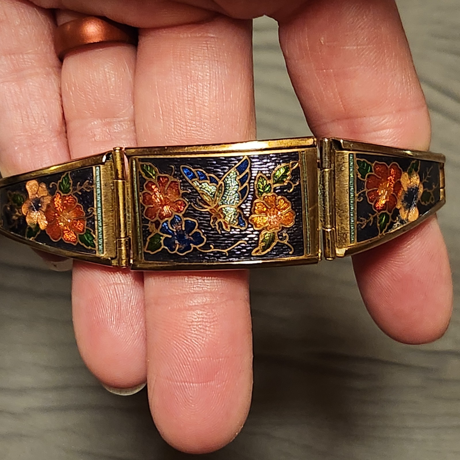 Vintage Chinese Cloisonne Enamel Panel Link Bracelet Butterfly Floral Purple