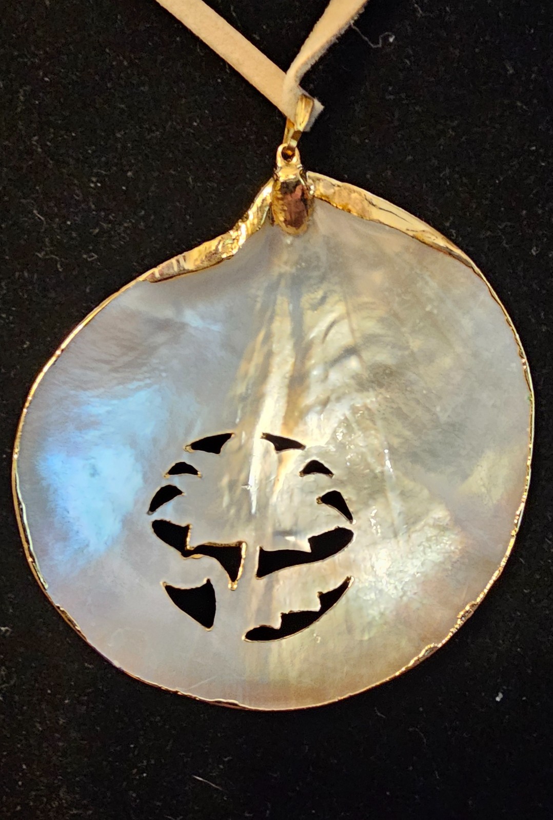 2 Large Mother of Pearl Seashell Necklaces w/Carved, Gilded & Stamped Components