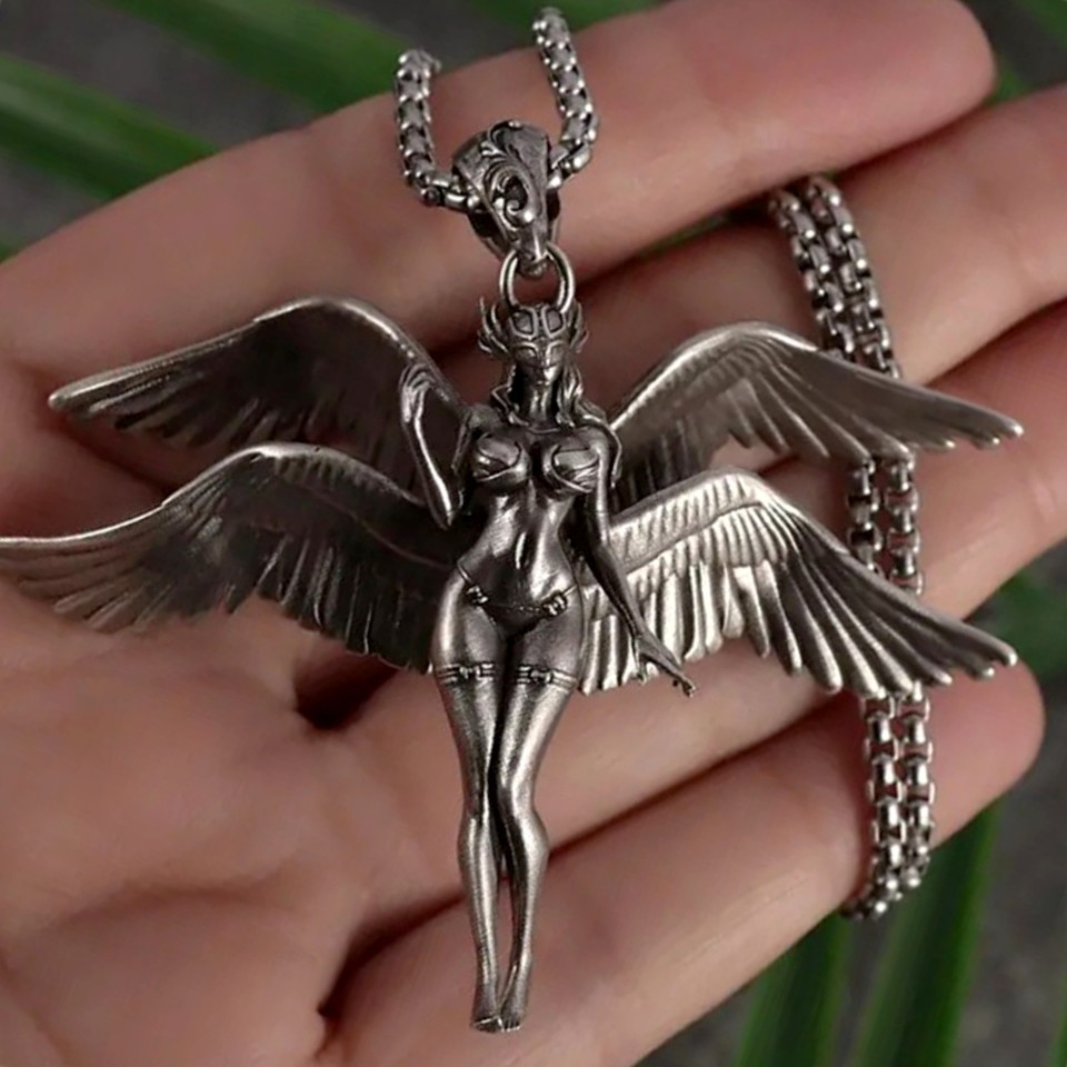 Silver Tone Alloy 4 Wing Angel Pendant Choker Box Chain Gothic Punk Necklace