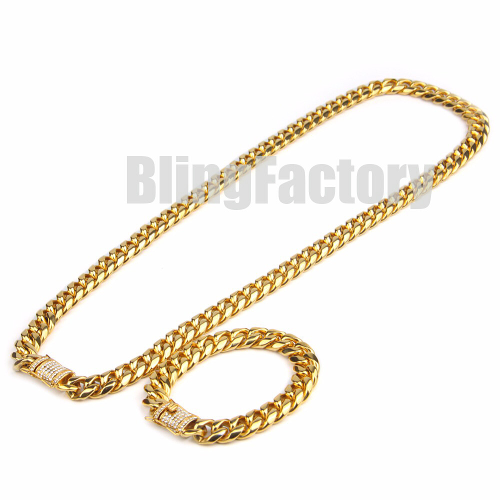 Hip Hop Iced Box Lock Stainless Steel 10mm 12mm Miami Cuban Link Chain Necklace