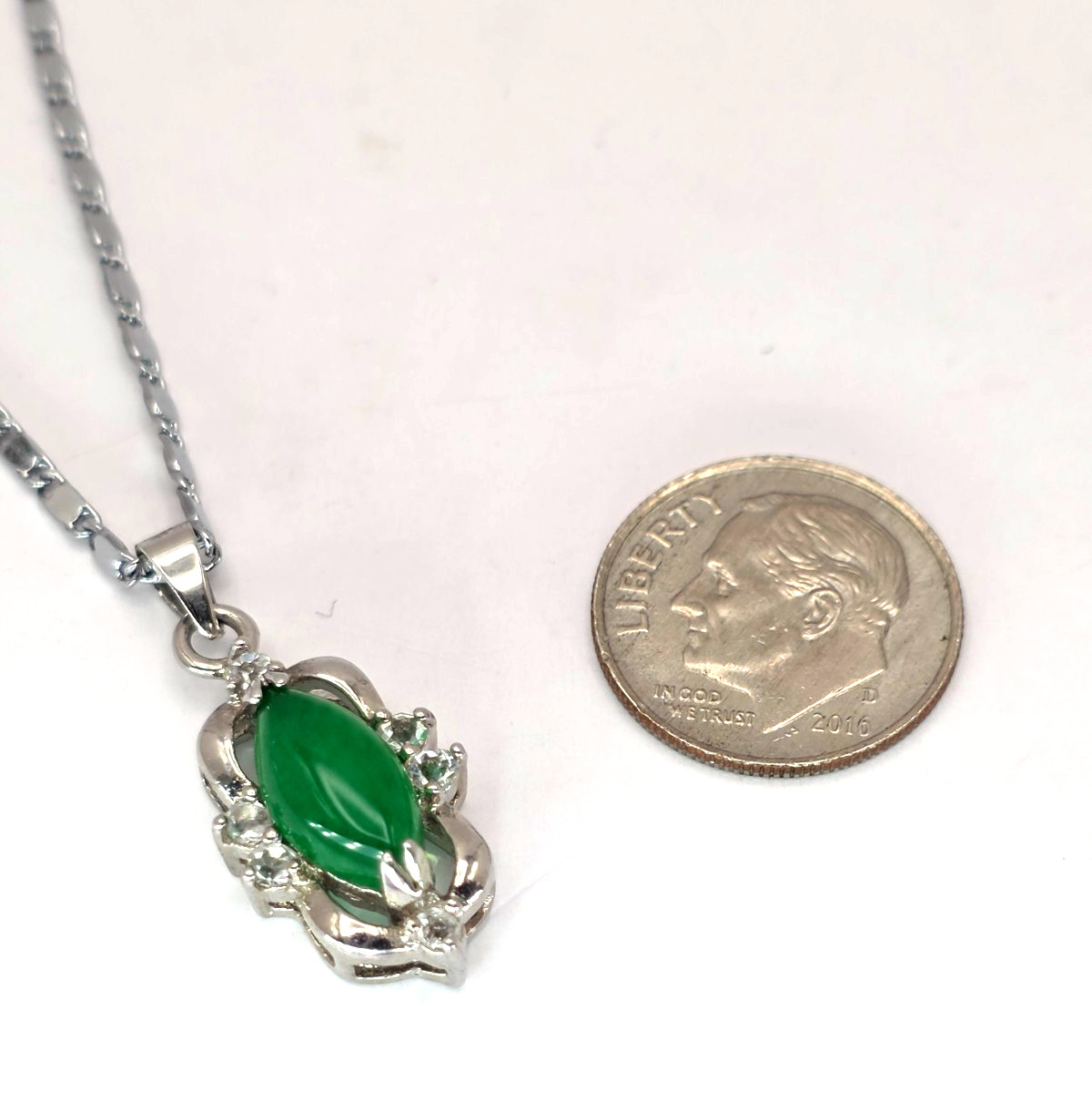 Green Chalcedony Marquise Pendant Necklace CZ Accent 18KGP Silver Tone