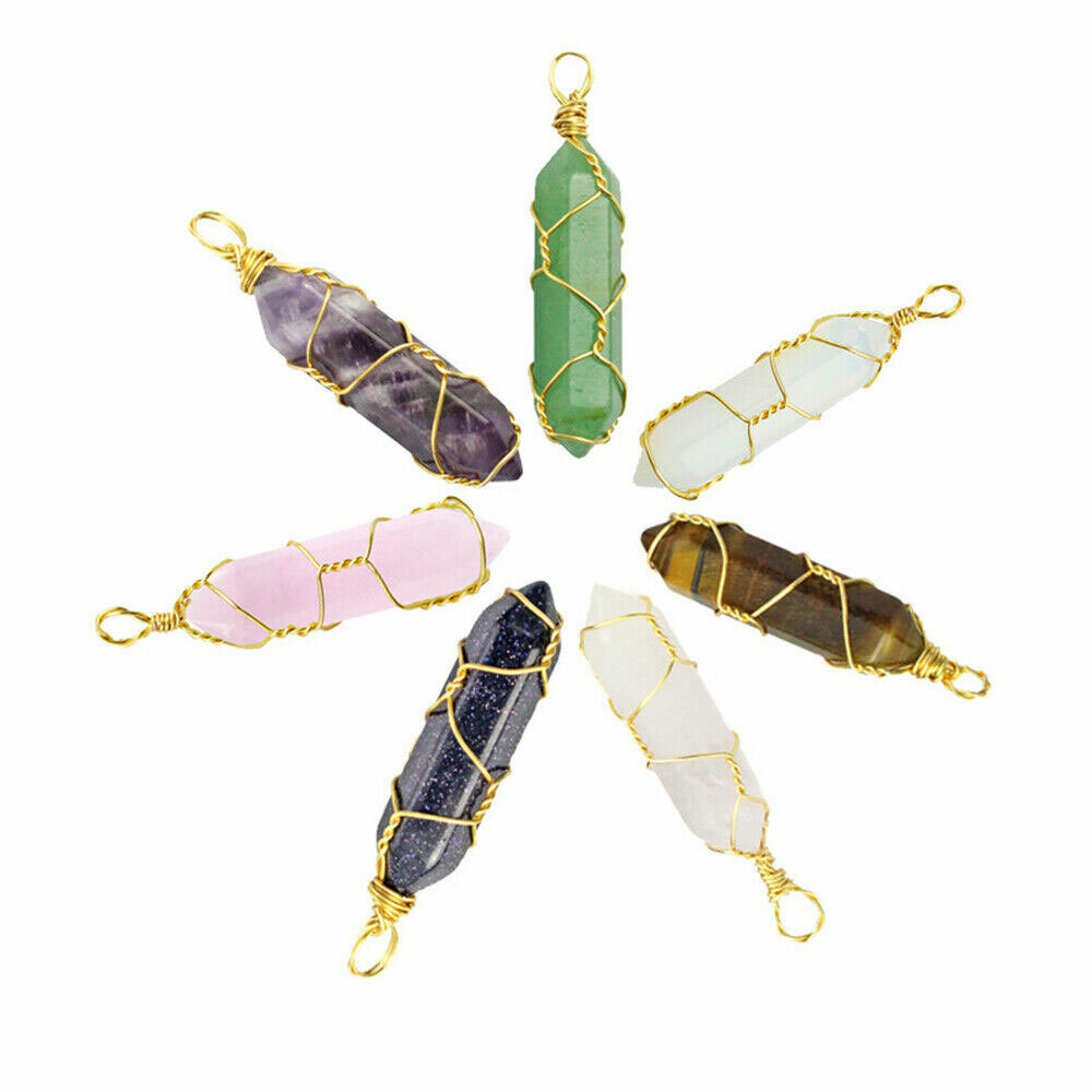 7PC Wire Wrapped Natural Stone Crystal Quartz Double Point Chakra Ornament #LI