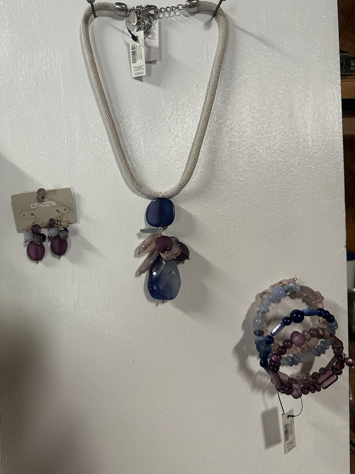 Chico’s Blue & Purple Glass Beaded Jewelry Set Necklace Earrings Bracelet