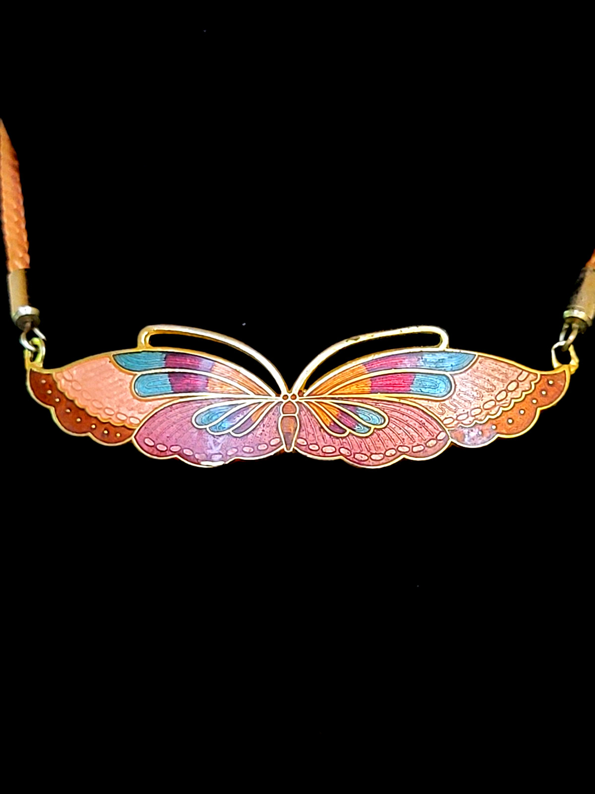 Cloisonne Enamal Multi Color Butterfly 1970/80s Corded Necklace