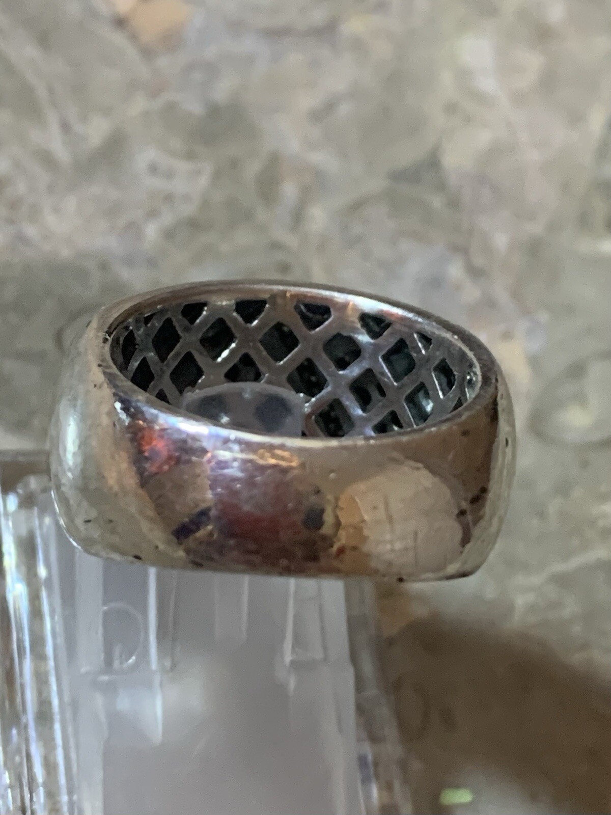 Sterling Silver Diamond & Sapphire Domed Wide Band Ring , Sz 7, 11.3 g.